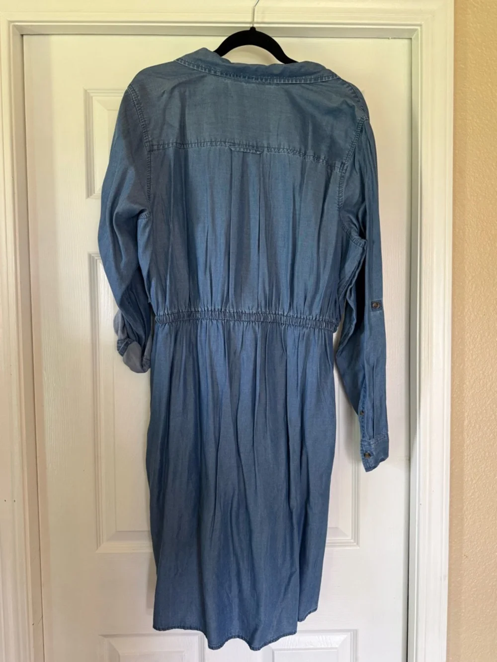 Light Blue Denim Shirt Dress with Drawstring Waist - Picture 8 of 8